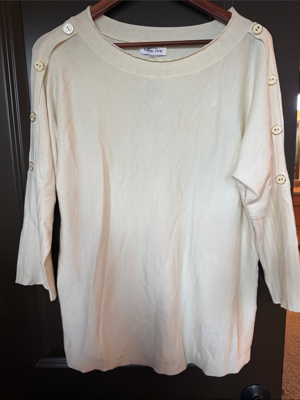 Melissa Paige Cream Button-Shoulder Crew Sweater
